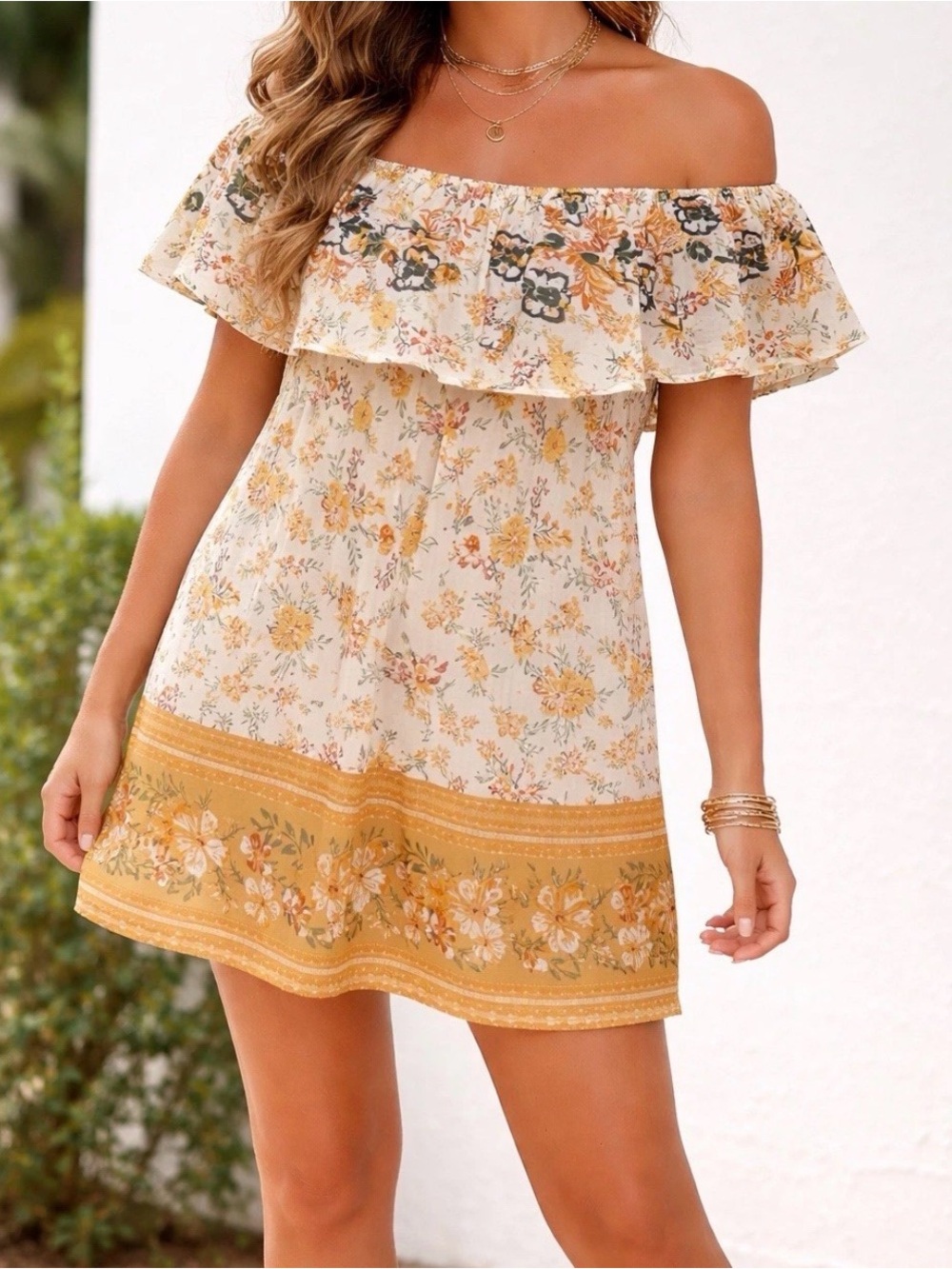 DAVI & DANI Cream and Mustard Floral Off-Shoulder Dress/Blouse